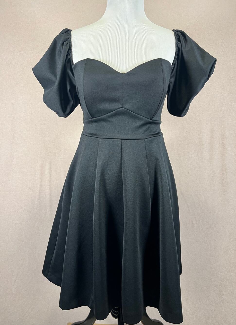 Badgeley Mischka Black Puff Sleeve Sweetheart Fit Flare Midi Dress UK 12 US 10